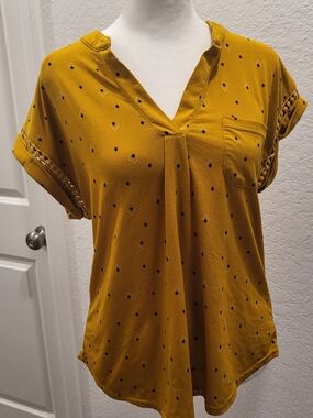Women's Mustard Yellow V-Neck Short Sleeve Blouse with Pocket#0018